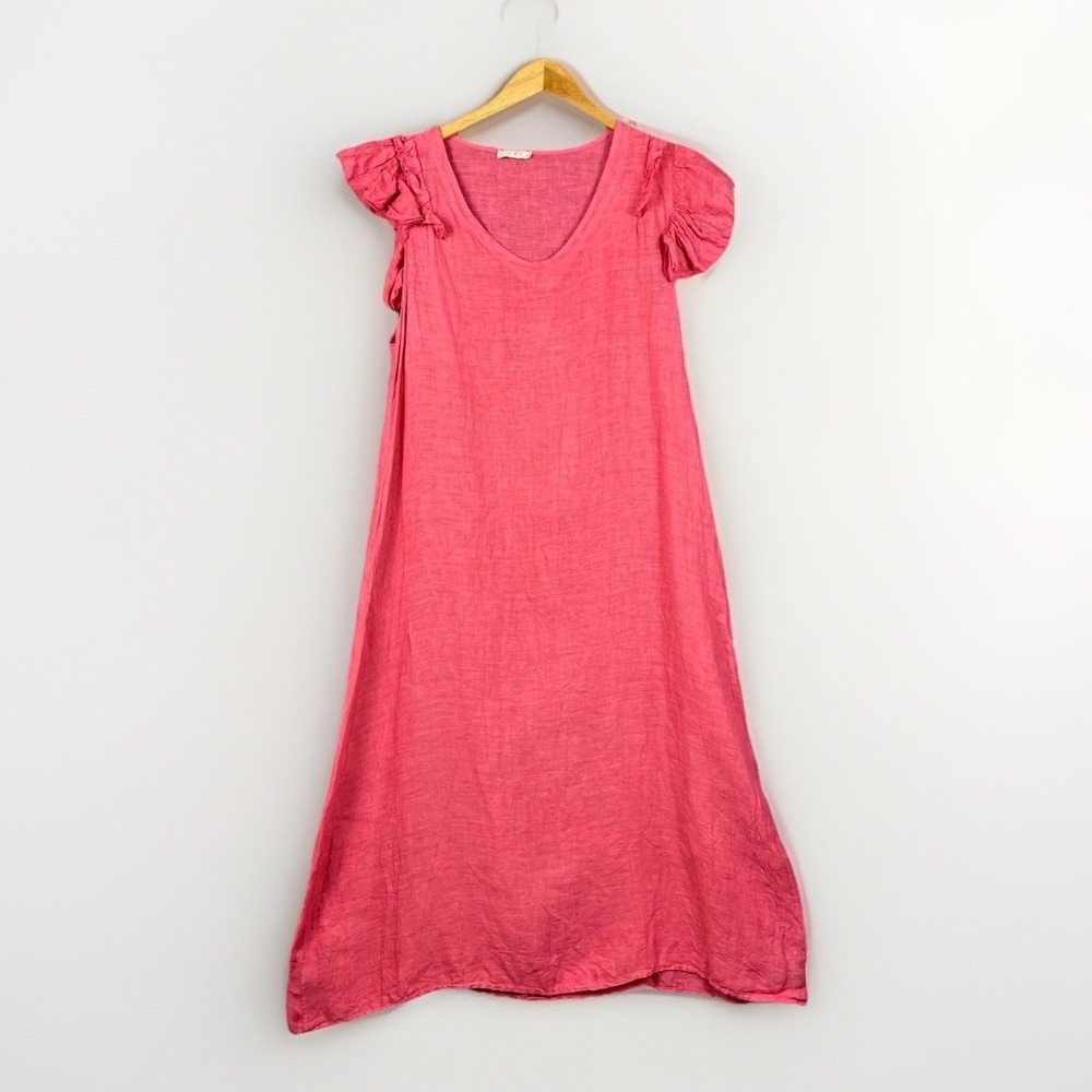 Italian Linen Dress Womens OS Pink Ruffle Sleeve Made In Italy Minimalist
